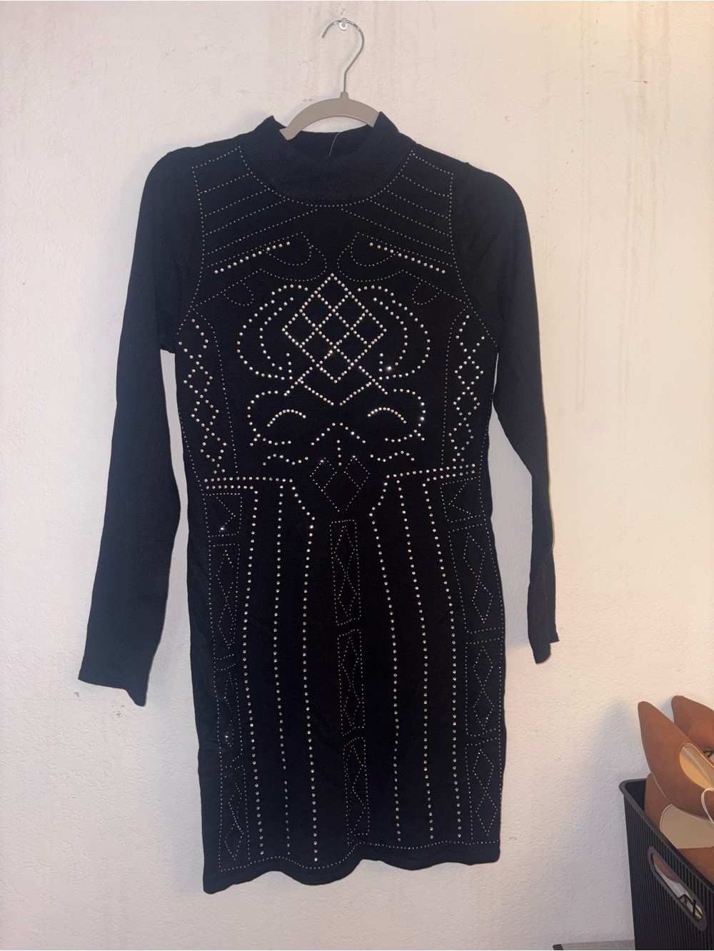 Black Studded Long Sleeve Mini Dress
